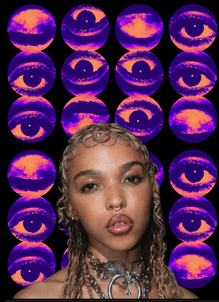Portrait surrounded by purple eye motifs